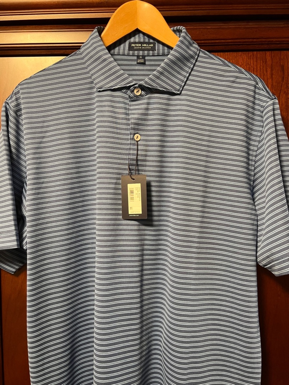 Brand New Peter Millar Crown Crafted Stretch Classic unique blue Striped Polo!